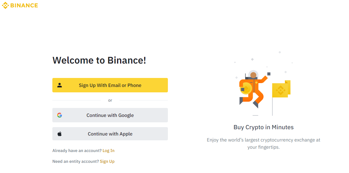 Binance NZ login page showing sign up with email or phone option