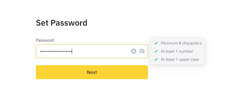 Binance NZ password creation form with security requirements
