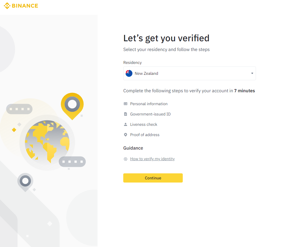 Binance NZ identity verification form with document upload options