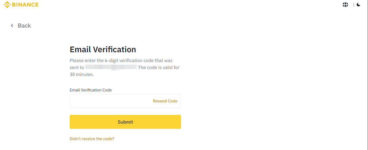 Binance NZ email verification screen with code input field
