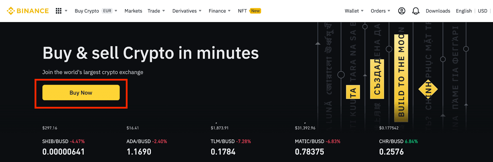 Binance NZ homepage with prominent Buy Now button highlighted