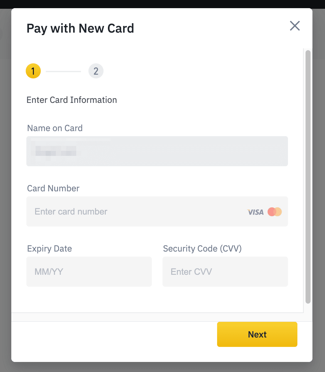 Binance NZ credit card details input form with card number and billing information fields