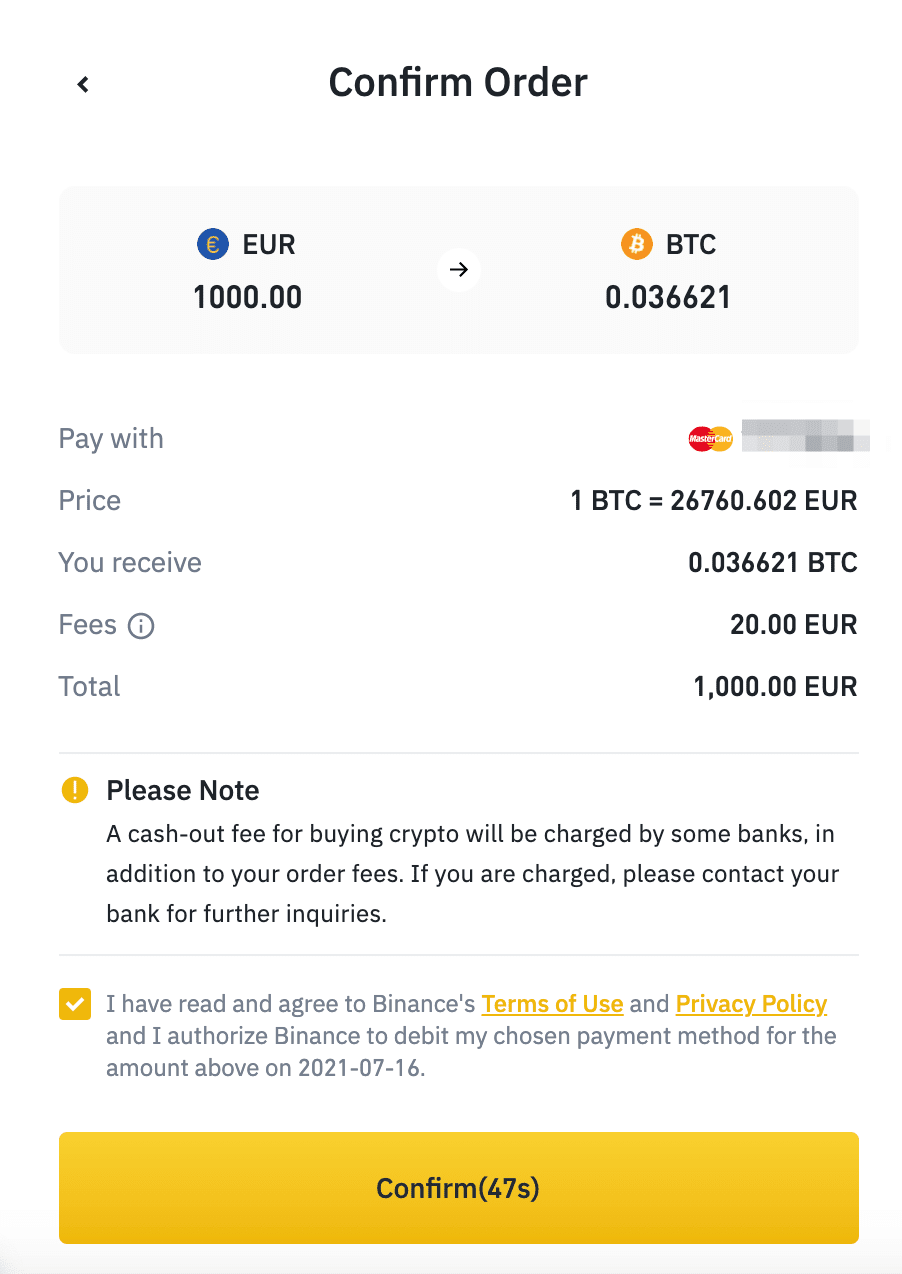 Binance NZ order confirmation screen showing purchase summary and completion status