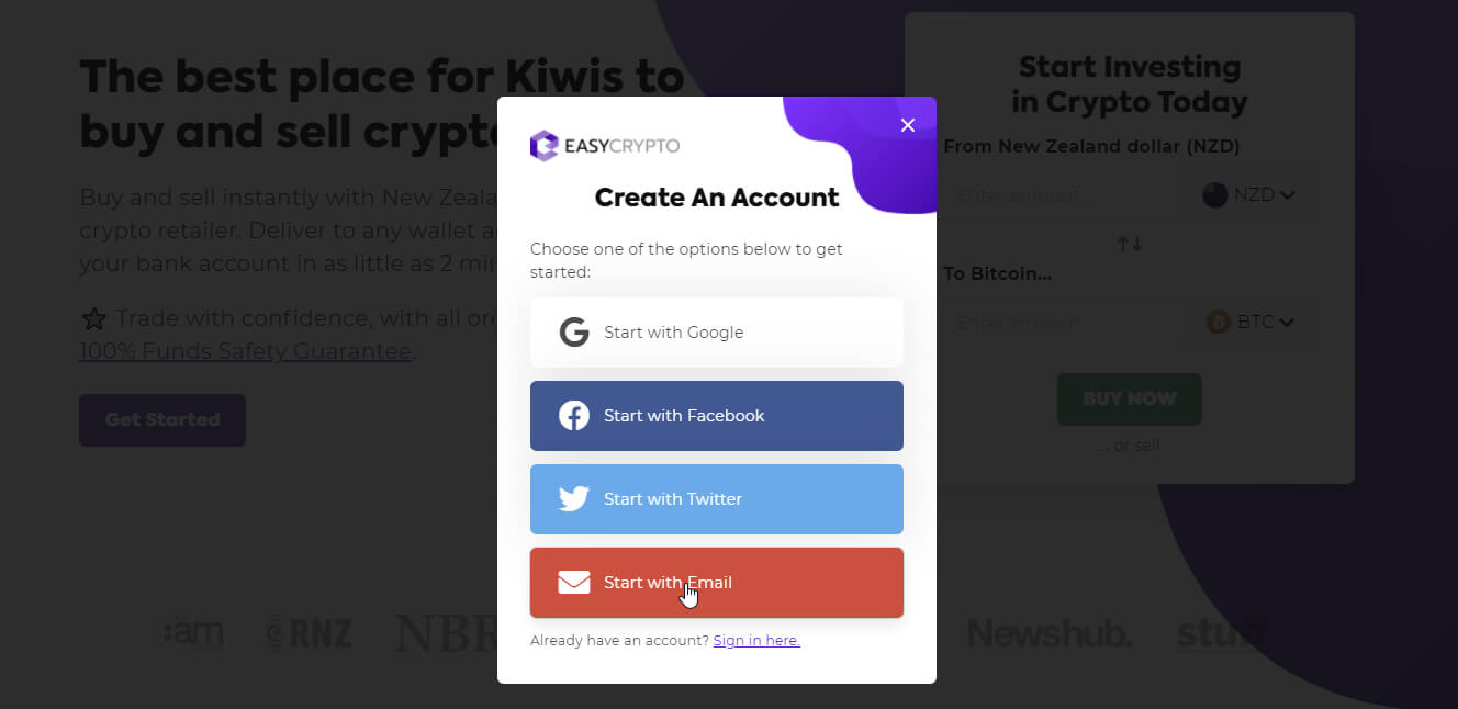 Easy Crypto NZ account creation options showing different sign up methods