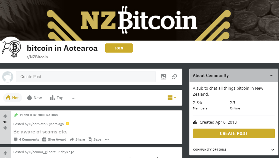 Screenshot of r/NZBitcoin Reddit