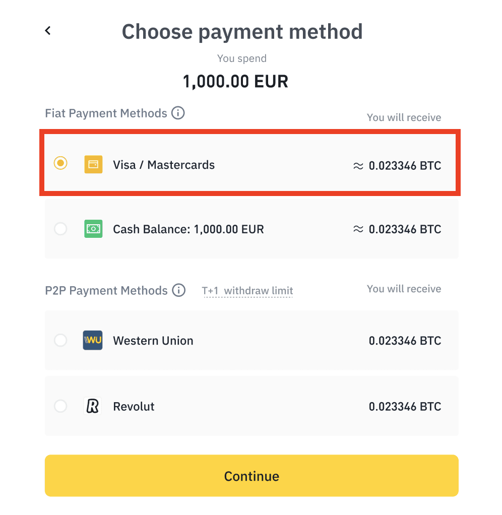 Binance NZ payment method selection showing Visa/Mastercard and other payment options