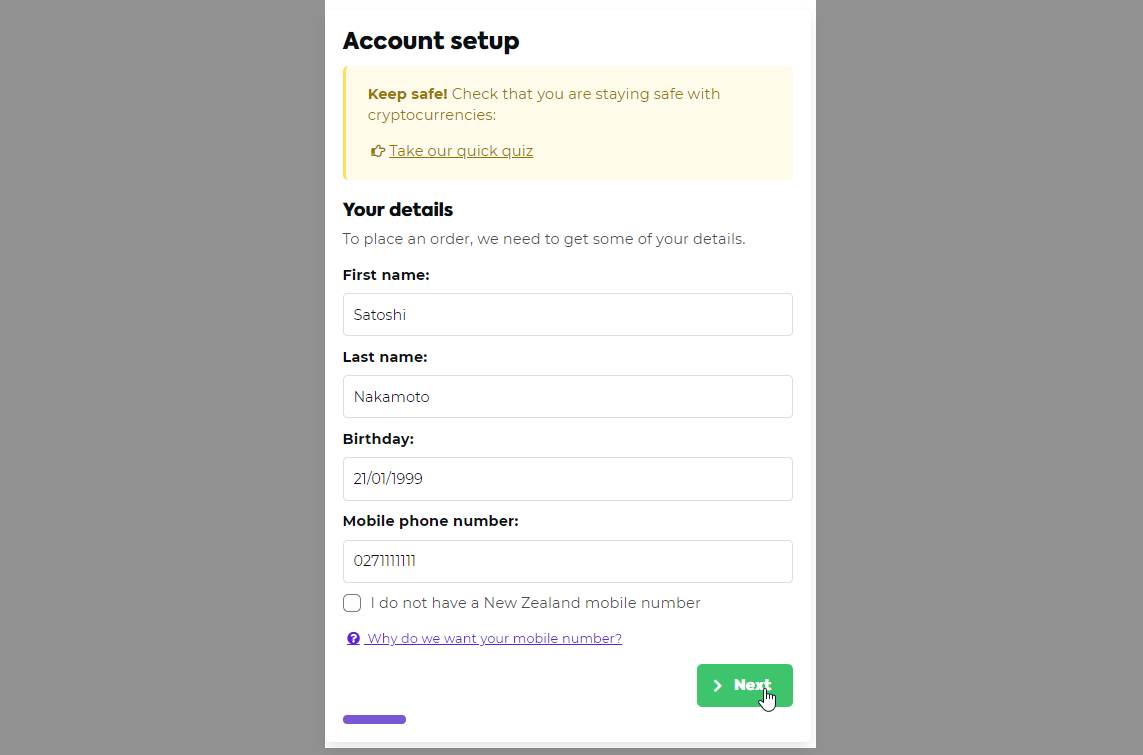 Easy Crypto NZ basic details form requesting personal information for account verification