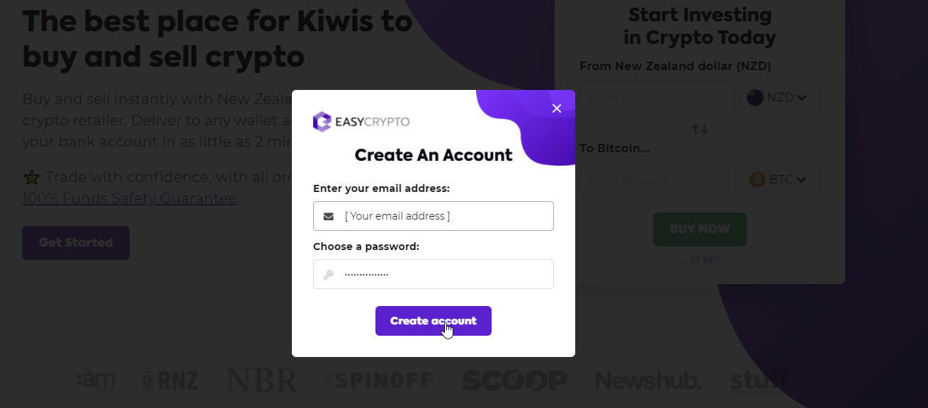 Easy Crypto NZ sign up form with email and password fields