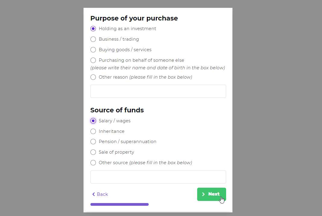Easy Crypto NZ source of funds declaration form with income source options