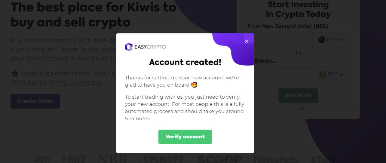 Easy Crypto NZ verify account button and confirmation screen